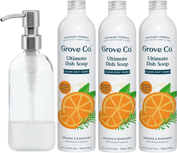 Grove Co. Ultimate Dish Soap Refills (3 x 16 Fl Oz) + Refillable Glass Dish Soap Dispenser for Kitchen Sink with Non-Slip Silicone Sleeve, Plastic Free Cleaning Products, Orange & Rosemary