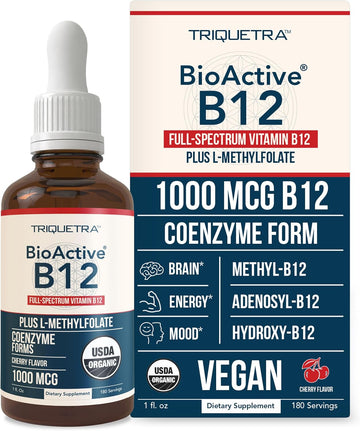 BioActive Vitamin B12 1000 mcg | Contains 3 BioActive B12 Forms Plus Methylfolate Cofactor - Methyl B12, Adenosyl B12 & Hydroxy B12 | Sublingual Form, Cherry Flavor, Organic, Vegan (180 Servings)