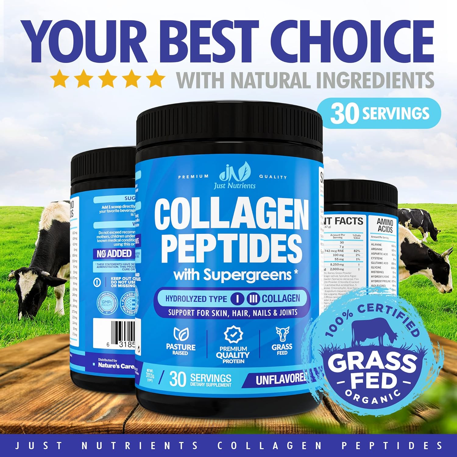 Collagen Peptides Powder with Super Greens - Hydrolyzed Collagen Type I & III for Hair, Skin, Nails & Joints – Superfoods, Digestive Enzymes, Grass-Fed, Non-GMO, Unflavored - 30 Servings : Health & Household