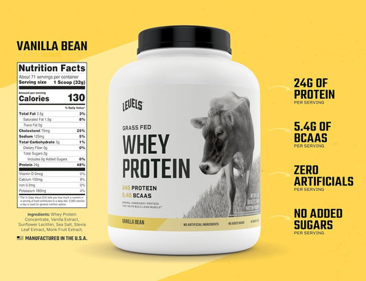 Levels Grass Fed Whey Protein Powder, No Artificials, 24G Of Protein, Vanilla Bean, 5Lb