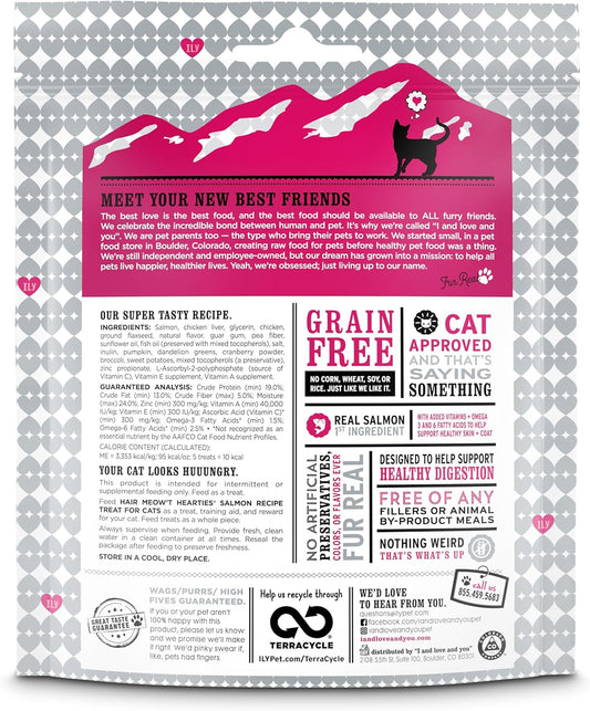 I and love and you Hair Meow't Hearties Cat Treats - Salmon - Grain Free, Omega 3 & 6, Prebiotics, Filler Free, 4oz Bag