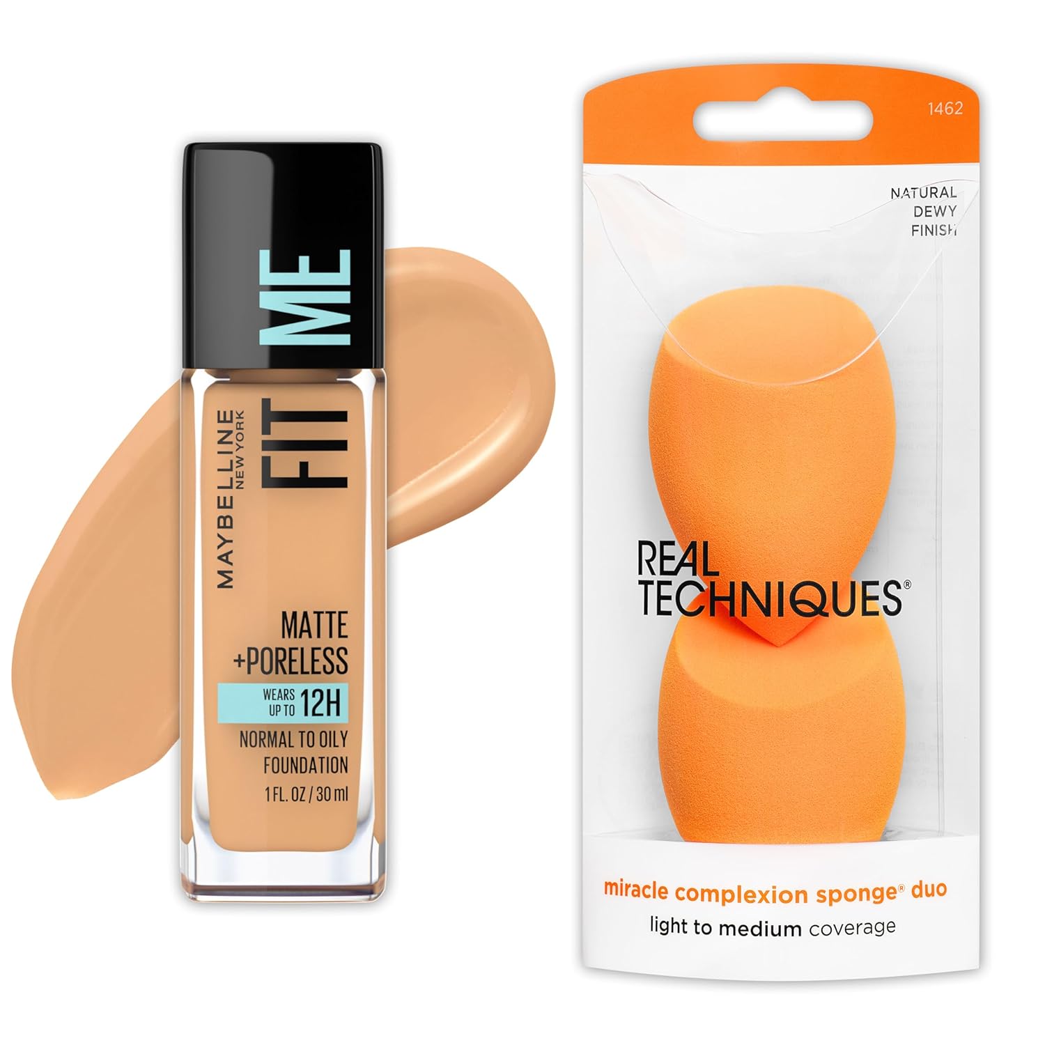 Maybelline Fit Me Matte + Poreless Liquid Foundation And Real Techniques Makeup Sponge Bundle, Includes 1 Foundation In Sun Beige And 2 Miracle Complexion Makeup Sponges