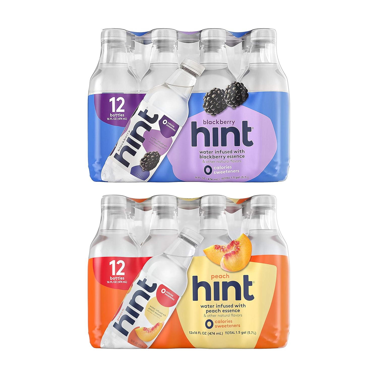 Hint Water Blackberry And Hint Water Peach (Pack Of 24), 12 Bottles Hint Blackberry & 12 Bottles Hint Peach, Zero Calories, Zero Sugar And Zero Diet Sweeteners, 16 Ounce Bottles