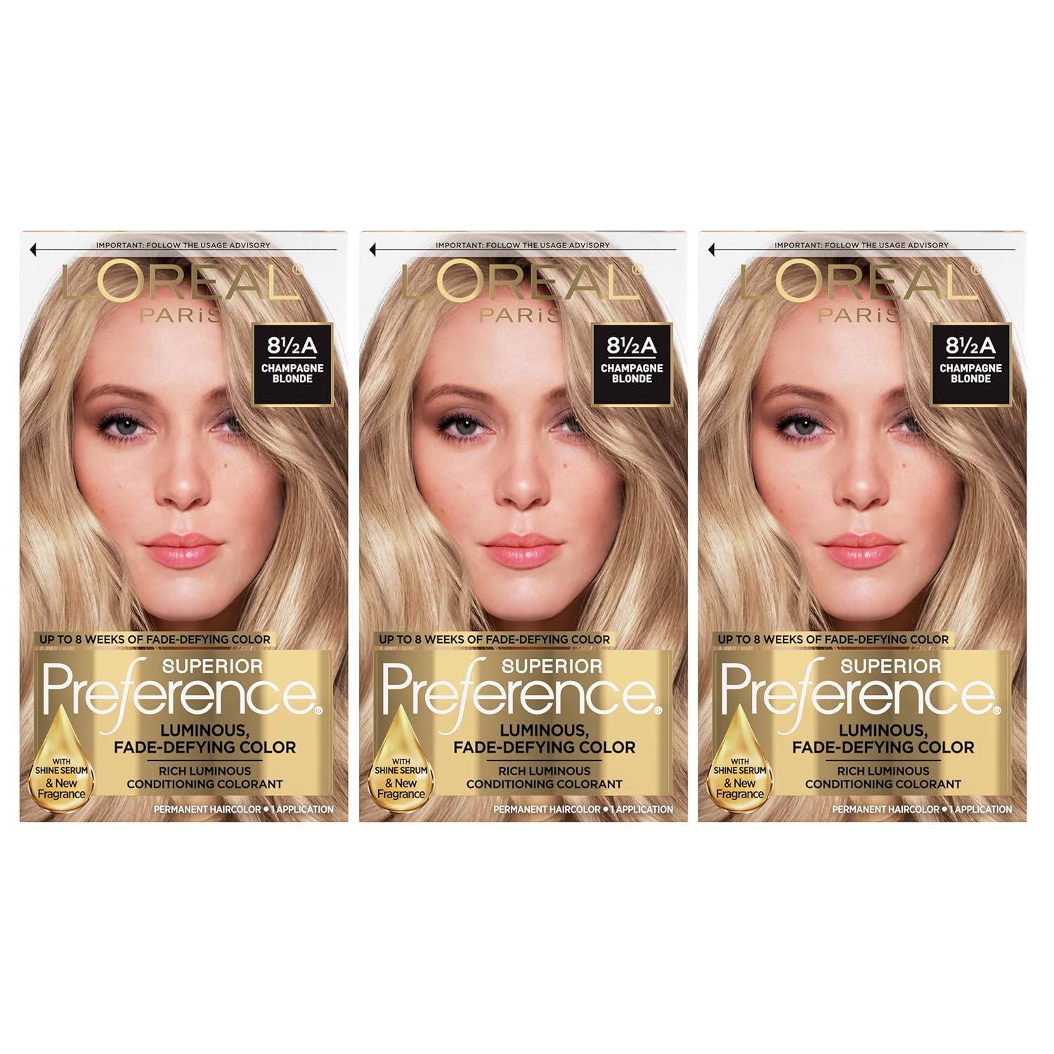 L'Oreal Paris Superior Preference Luminous Fade-Defying Permanent Hair Color, Hair Dye For Up To 9 Weeks Of Radiance, Champagne Blonde 8.5A, 1 Hair Dye Kit (Pack Of 3)