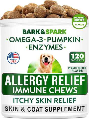 BARK&SPARK Dog Allergy Relief Chews - Anti-Itch Skin & Coat Supplement - Omega 3 Fish Oil - Itchy Skin Relief Treatment Pills - Itching &Paw Licking - Dry Skin&Hot Spots - (120 Immune Treats - Peanut)