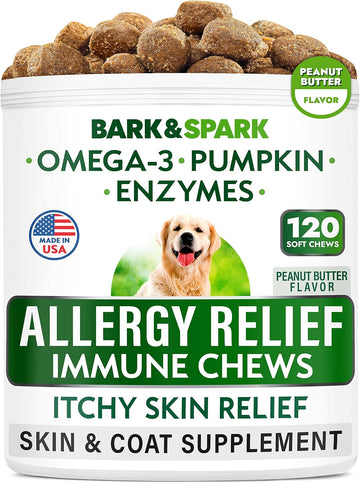 Bark&Spark Dog Allergy Relief Chews - Anti-Itch Skin & Coat Supplement - Omega 3 Fish Oil - Itchy Skin Relief Treatment Pills - Itching &Paw Licking - Dry Skin&Hot Spots - (120 Immune Treats - Peanut)