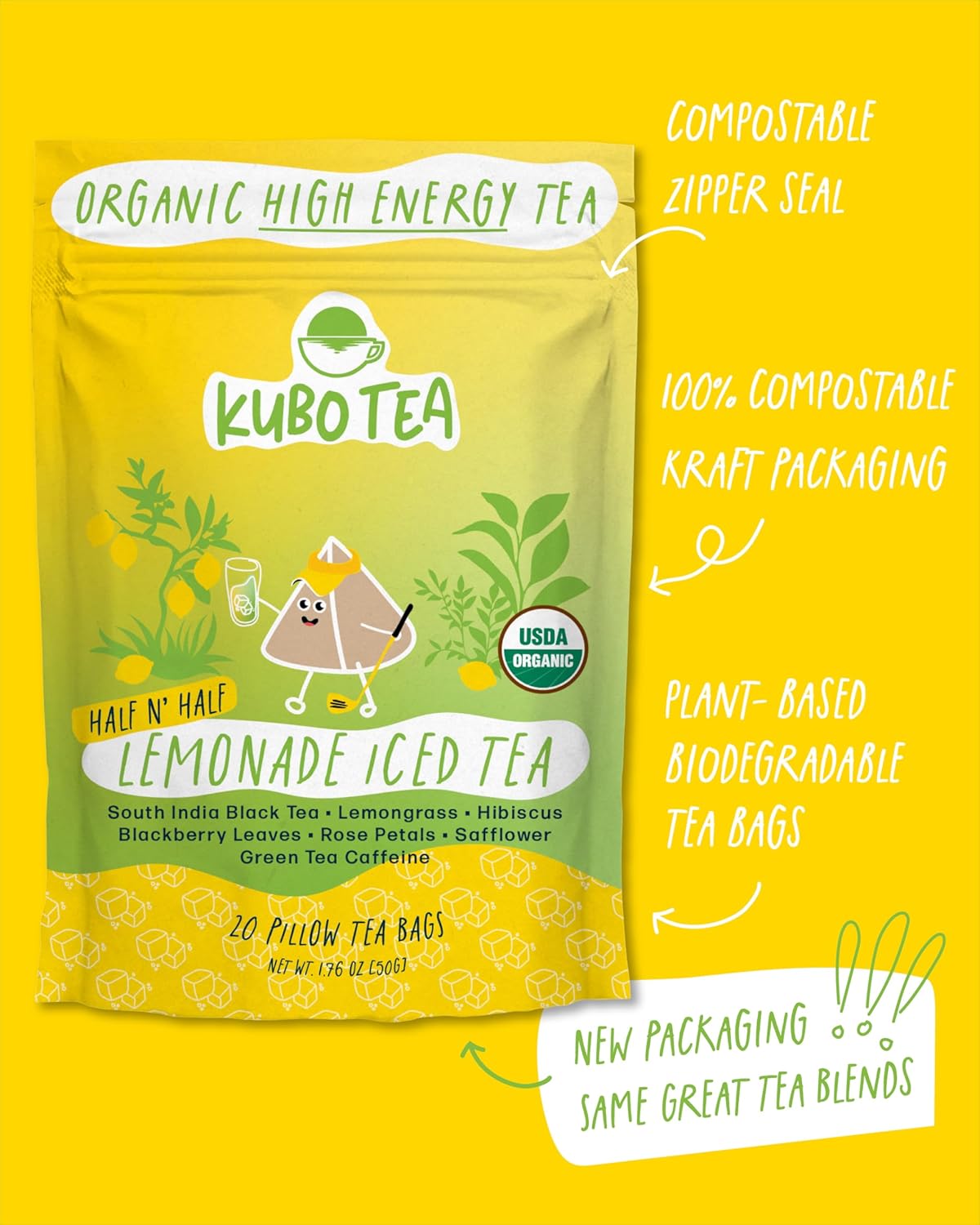 Kubo Tea, Organic High Energy Ice Tea, High Caffeine Blend, 20 Servings (155Mg Caffeine Each), Pillow Tea Bags, Kraft Packaging, Healthy Coffee Substitute (Half & Half Lemonade)