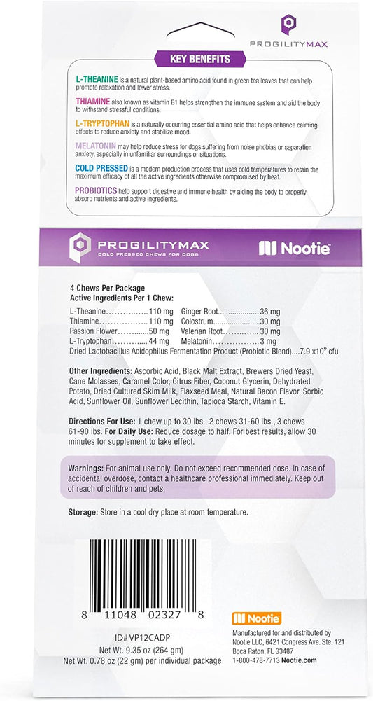 Nootie ProgilityMAX Calming Aid, Calming Chews for Dogs for Stress and Anxiety Relief, 12 Single-Serve Bars per Container, 4 Chews Per Bar