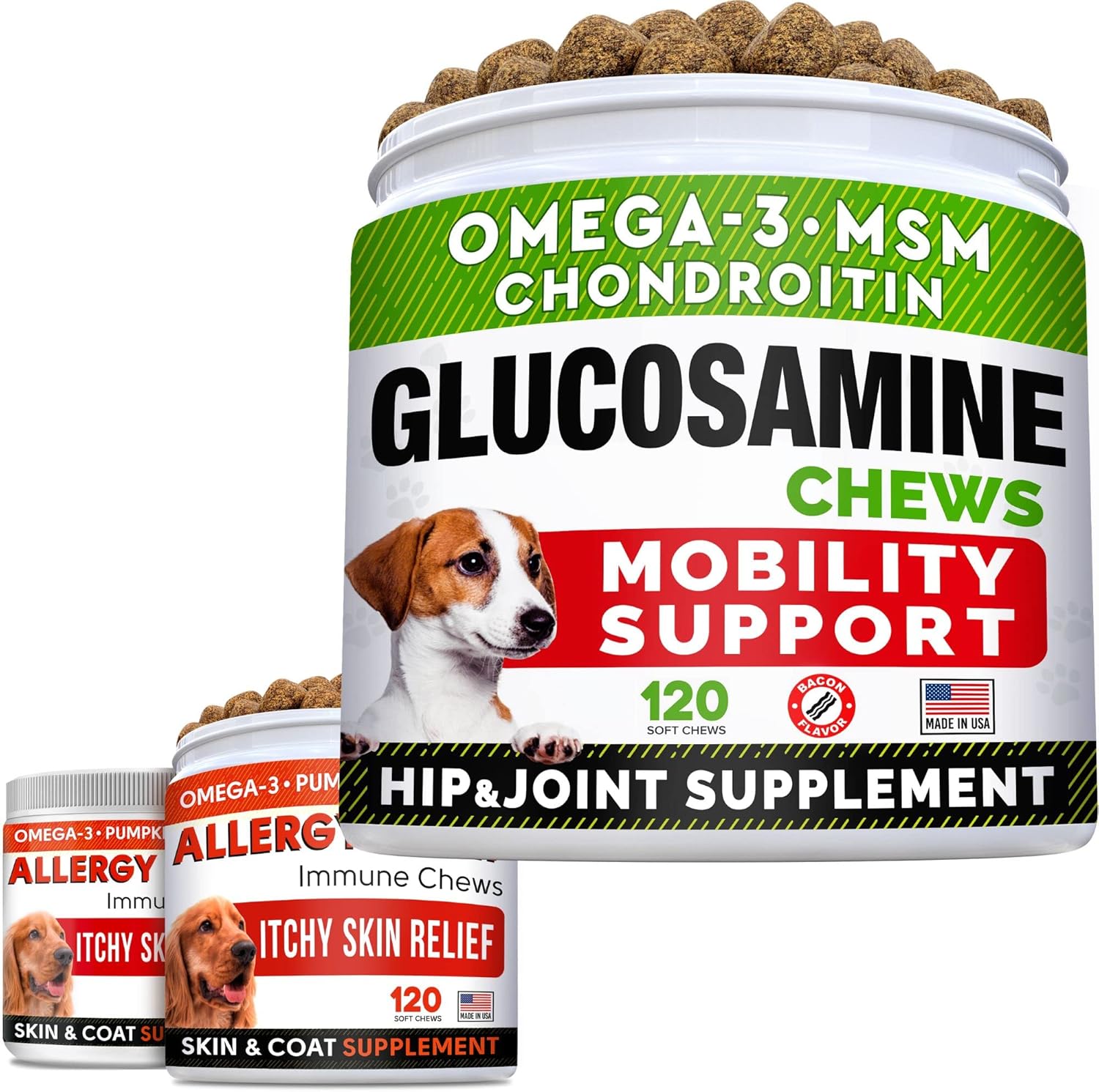 Glucosamine Treats + Allergy Relief Dog Bundle - Joint Supplement W/Omega-3 Fish Oil + Itchy Skin Relief - Chondroitin, Msm + Pumpkin + Enzymes + Turmeric - Skin & Coat - 120+240 Chews - Made In Usa