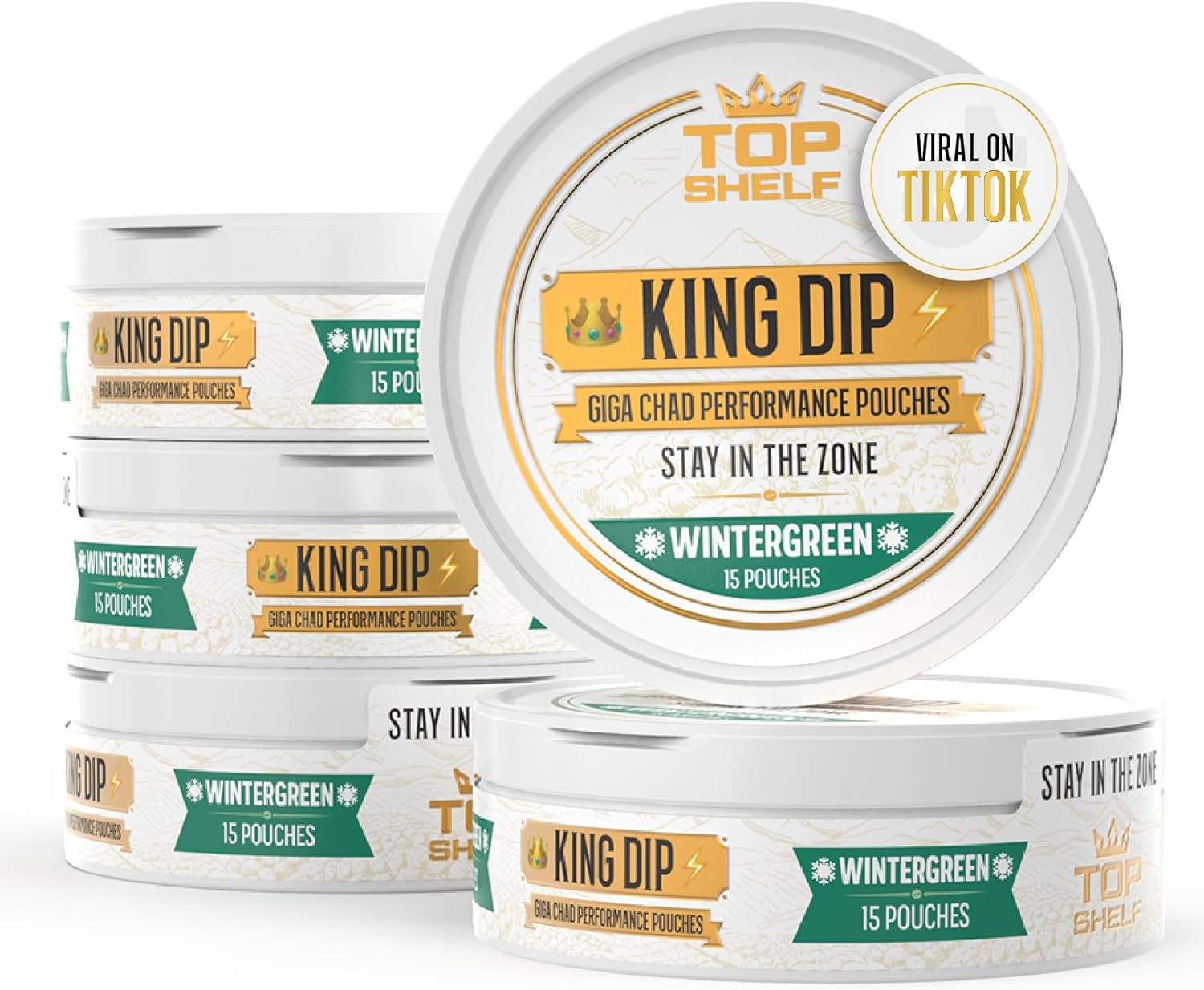 Top Shelf King Dip, Nootropic Energy Caffeine Pouches For Alpha Performance, Focus & Neuro Brain Supplement | Coffee Pouch Alternative (Wintergreen)