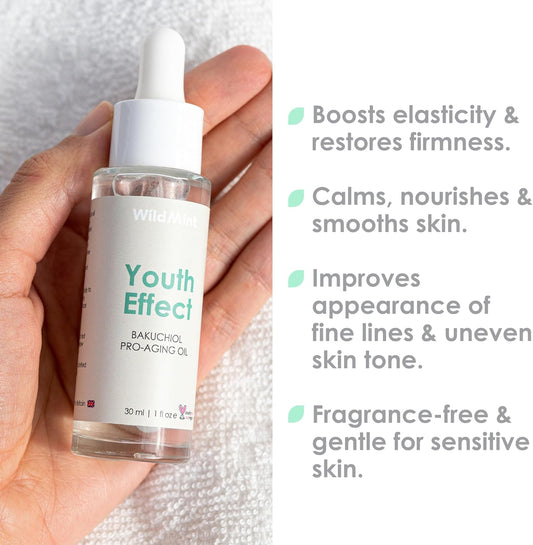 WildMint Youth Effect Natural Bakuchiol FaceOil | Anti-Aging Facial Oil for Sensitive, Dry, Mature Skin | Retinol Alternative For Elasticity & Firmness | UK Made Vegan & Cruelty-Free Skincare | 30ml