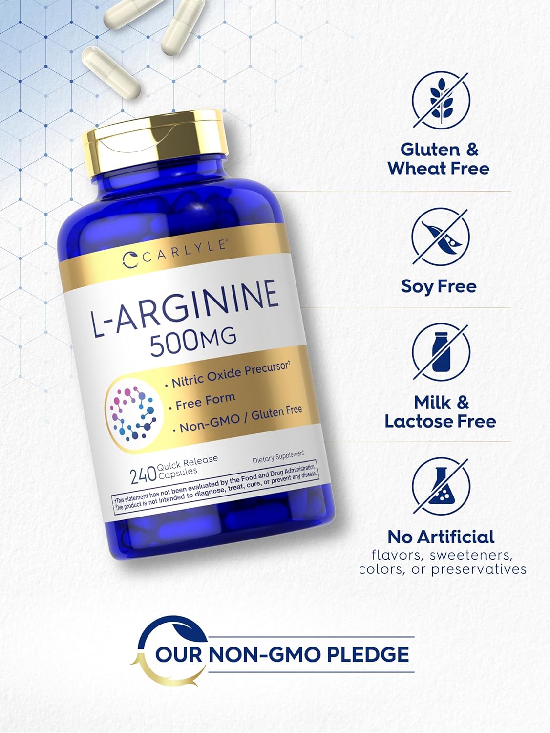 Carlyle L-Arginine 500mg Capsules | 240 Count | Free Form | Non-GMO & Gluten Free Supplement : Health & Household