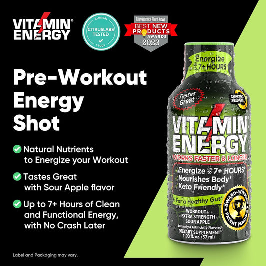 Pre Workout Vitamin Energy Drink - Keto Friendly Sugar Free Shots | Natural Clean Green Tea Caffeine With Proprietary Endurance Blend | Energize Up To 7+ Hours - Sour Apple - 1.93 Fl Oz (Pack Of 24)