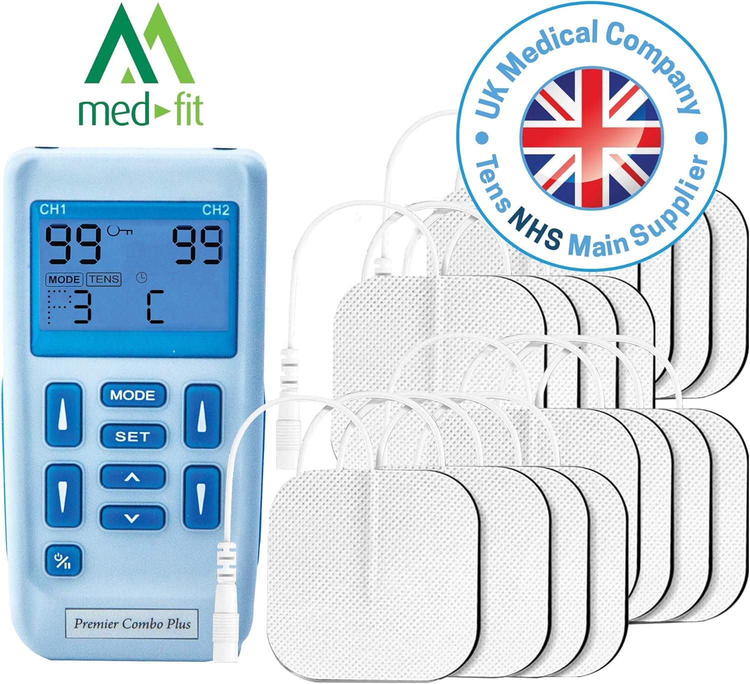 Premier Tens Machine By Med-Fit, Fully Rechargeable Dual Channel Tens And Muscle Stimulator With 30 Pre-Set Programs For Tens Pain Relief, Muscle Strengthening, Massage And Relaxation