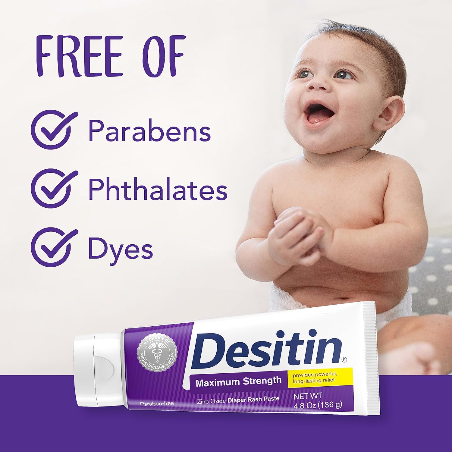 Desitin Maximum Strength Baby Diaper Rash Cream with 40% Zinc Oxide for Treatment, Relief & Prevention, Hypoallergenic, Phthalate- & Paraben-Free Paste, 4.8 oz : Baby