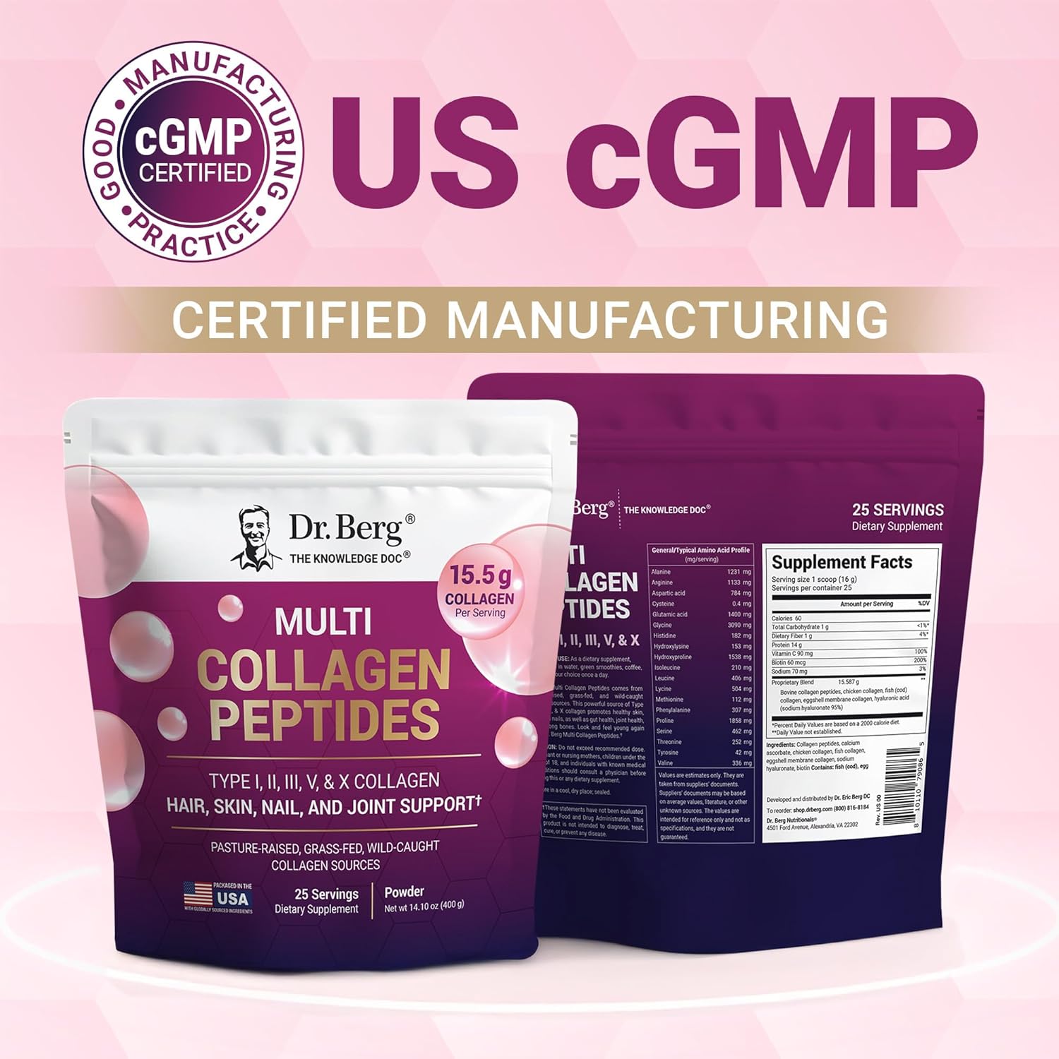 Dr. Berg Multi Collagen Peptides Powder Types I, Ii, Iii, V, X - Unflavored Collagen Powder W/ 14 G Of Protein - Grass-Fed, Pasture-Raised & Wild-Caught Collagen Sources - 25 Servings : Health & Household