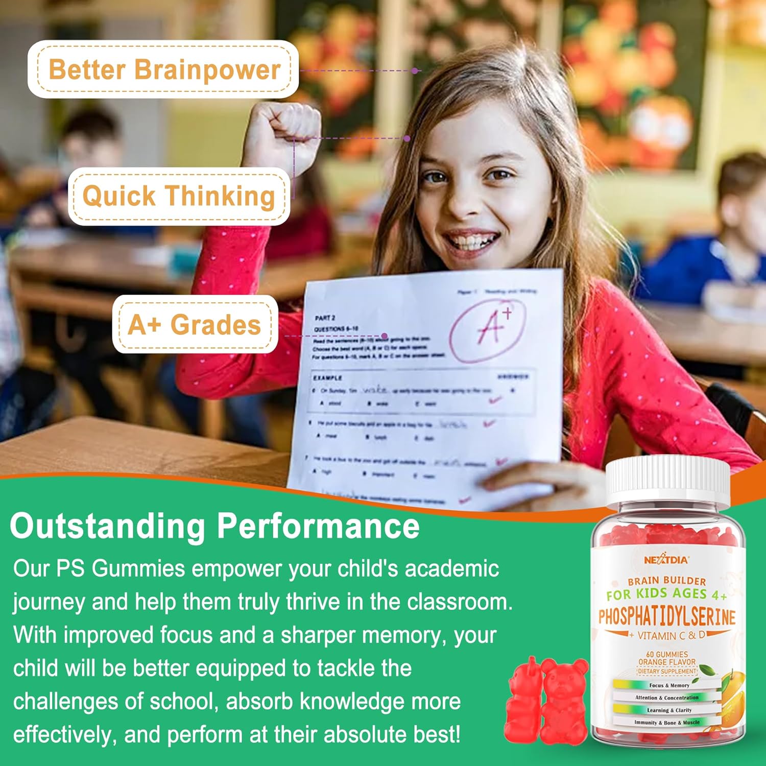 Phosphatidylserine Supplement for kids, Brain Focus Gummies, Phosphatidylserine 100mg + Vitamin D3 400IU, Vitamin C for Memory, Attention, Cognition, Bone & Immune Support, Tasty Orange Flavor, 120Cts : Health & Household