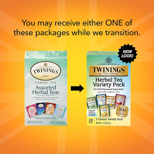 Twinings Herbal Tea Variety Pack, 20 Count (Pack Of 6), Formerly Assorted Herbal, Includes 5 Flavours, Naturally Caffeine-Free, Enjoy Hot Or Iced | Packaging May Vary