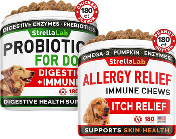 Probiotics + Allergy Relief For Dogs Bundle - Chewable Fiber Supplement + Itchy Skin Treatment - Digestive Enzymes + Omega 3 & Pumpkin - Upset Stomach Relief + Itch Relief- 360 Chews - Made In Usa