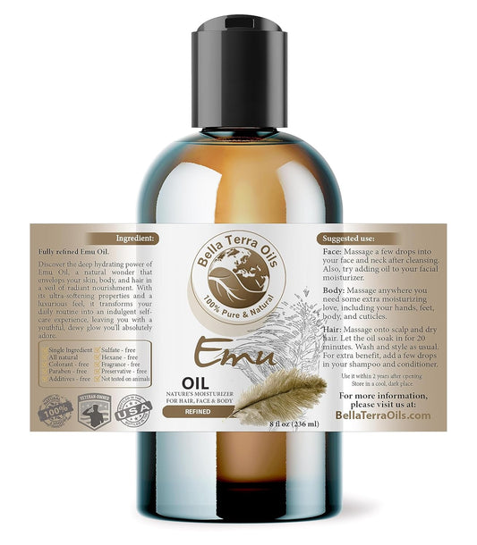 Bella Terra Oils - Emu Oil 8 oz - Celebrate the Australian Emu Heritage, Enveloped in Vitamin-rich Goodness, A Touch of Elegance for Skin