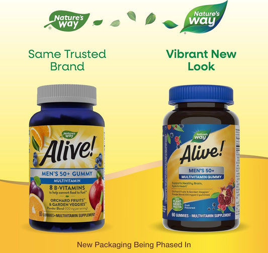 Nature'S Way Alive! Men’S 50+ Daily Gummy Multivitamins, Supports Healthy Brain, Eyes, Heart*, B-Vitamins, Gluten-Free, Vegetarian, Fruit Flavored, 60 Gummies (Packaging May Vary)