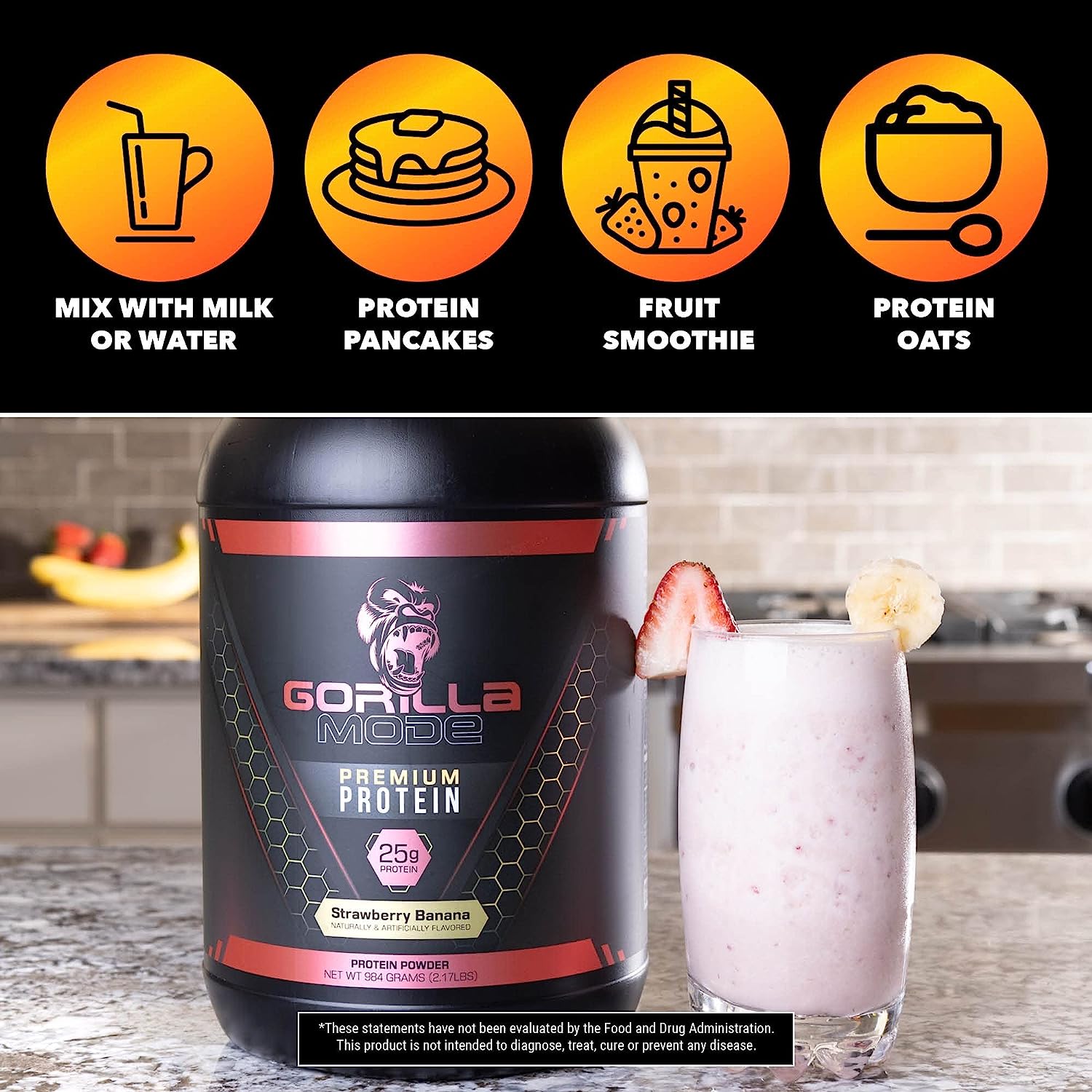 Gorilla Mode Premium Whey Protein - Strawberry Banana / 25 Grams of Whey Protein Isolate & Concentrate/Recover and Build Muscle (30 Servings) : Health & Household