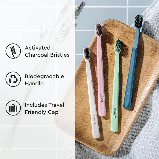 Boka Classic Manual Toothbrush With Extra Soft Activated-Charcoal, Tapered Bristles, Bioplastic Handle That Includes Travel Cap, Dentist-Approved, Great For Adults And Kids, Multi Color (Pack Of 4)