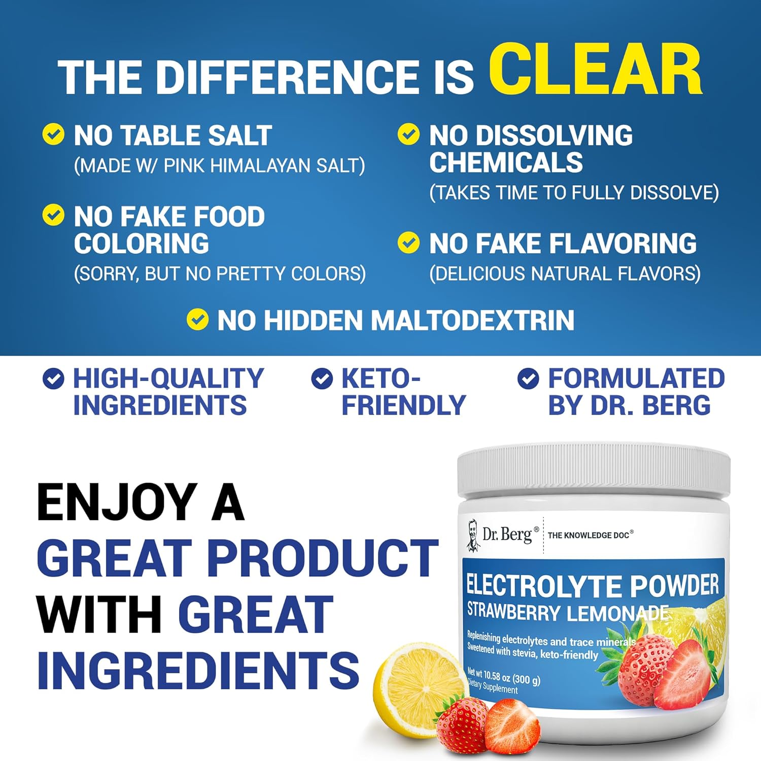 Dr. Berg Zero Sugar Hydration Keto Electrolyte Powder - Enhanced w/ 1000 mg of Potassium & Real Pink Himalayan Salt (NOT Table Salt) - Strawberry & Lemonade Hydration Drink Supplement - 50 Servings : Health & Household