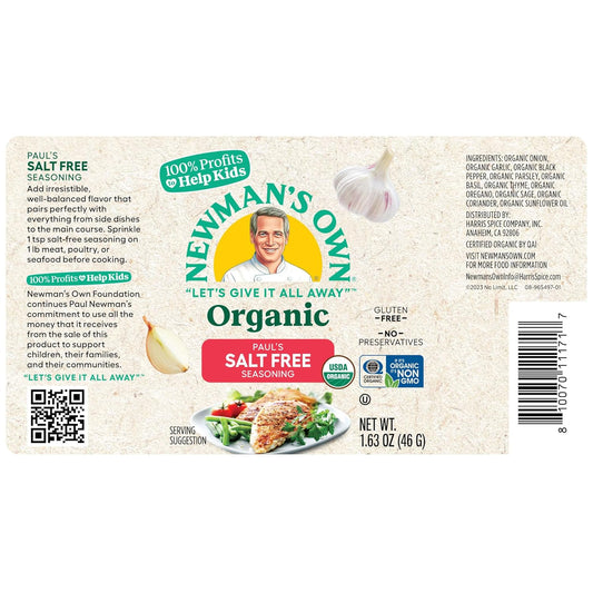 Newman'S Own Organic Paul'S Salt Free Seasoning; Perfect Spices For Cooking; Complete, No Salt, All Purpose Seasoning; Usda Certified Organic; No Preservatives; Salt Free; Non-Gmo; Gluten-Free; 1.63 Oz Bottle