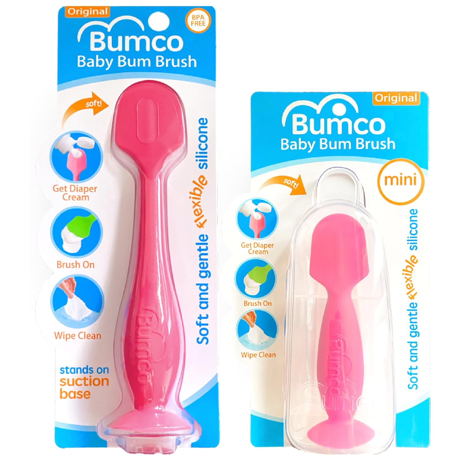 Bumco Baby Bum Brush + Mini Baby Diaper Cream Spatula With Case - Bpa-Free Silicone Diaper Spatula With Suction Cup, Wipe-Clean, Mom-Invented Butt Paste Applicator (Pink & Pink)