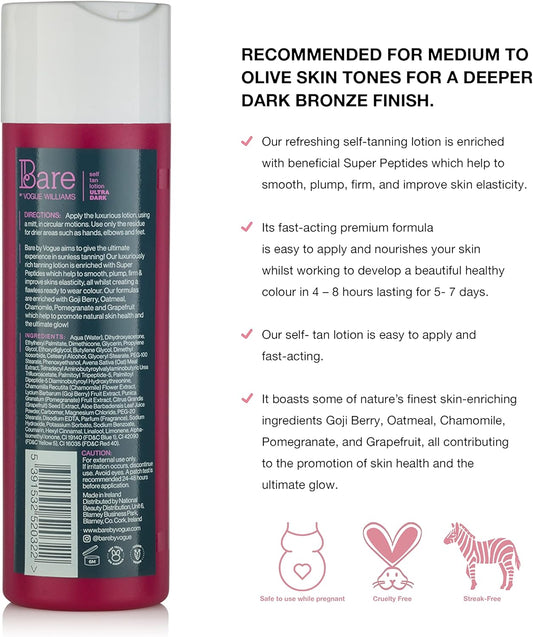 Bare By Vogue Self Tan Firming Lotion - Ultra Dark - Natural Tanning, Glow Moisturising, Suitable For All Skin Types - Self Tanner For Face & Body