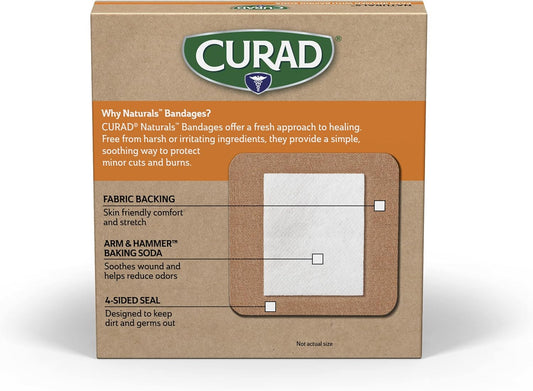 Curad Naturals Arm & Hammer Baking Soda Adhesive Pads 4" X 4", Individually Wrapped Sterile Bandage, First Aid Kit Essential, Protects Scrapes And Cuts, Absorbent And Self-Adhesive, 6-Count Box