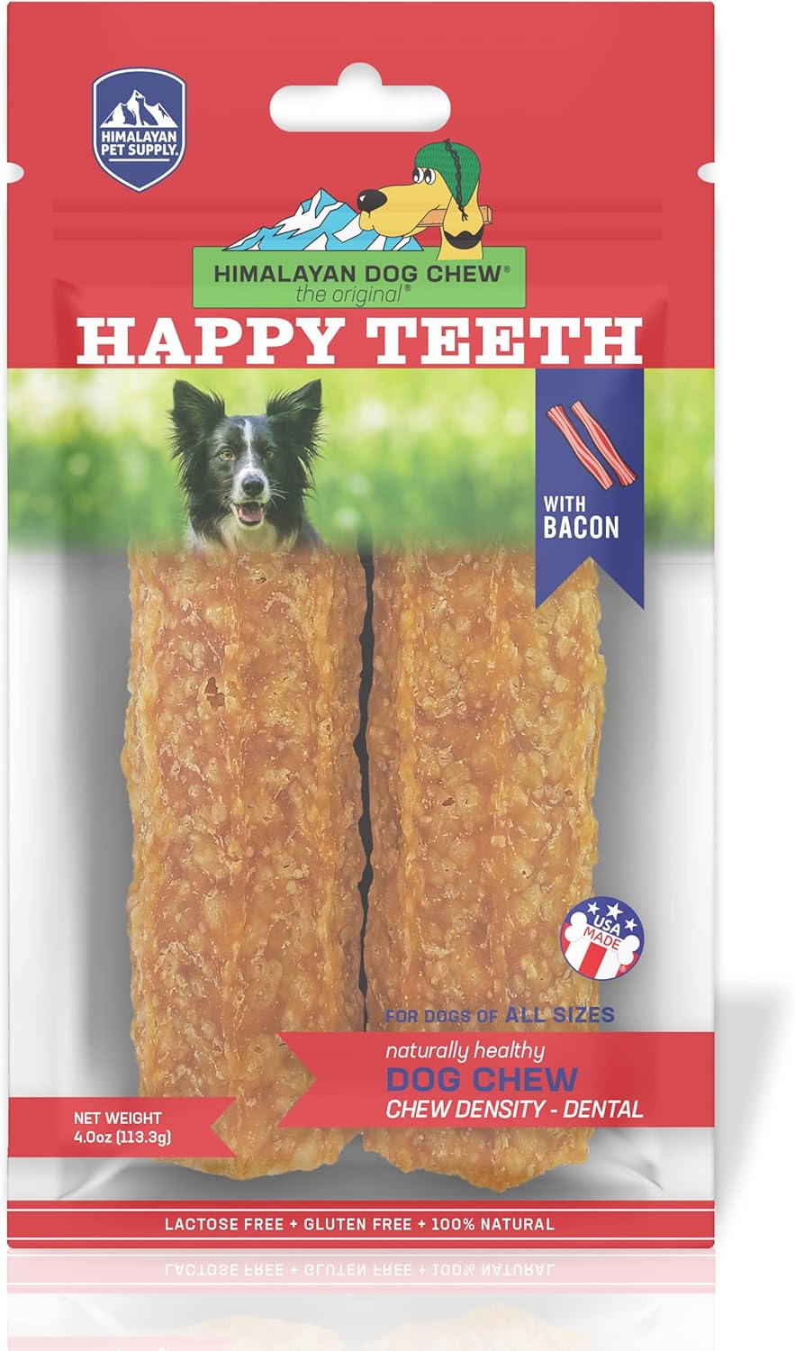 Himalayan Dog Chew Happy Teeth Yak Cheese Dog Chews Dental Chews, 100% Natural, Long Lasting, Gluten Free, Healthy & Safe Dog Treats For Oral Health, Lactose & Grain Free, Protein Rich, Bacon, 2 Chews