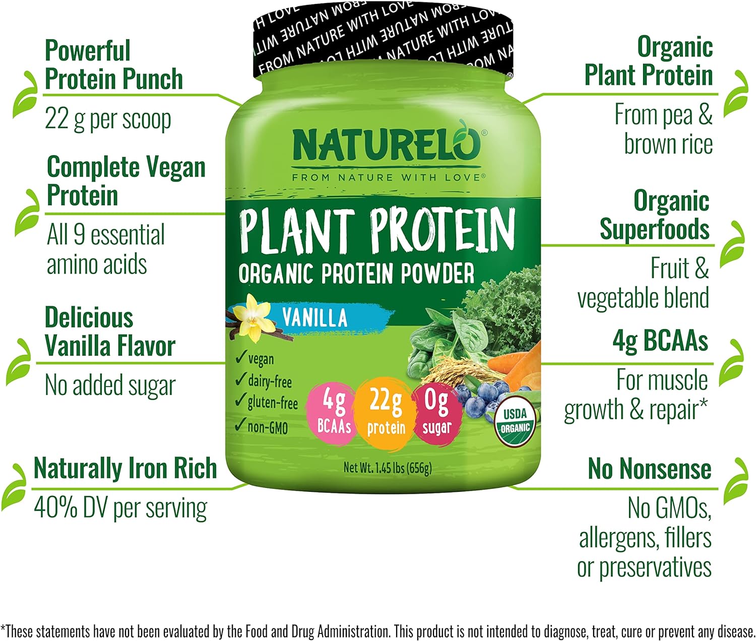 NATURELO Plant Protein Powder, Vanilla, 22g Protein - Non-GMO, Vegan, 
