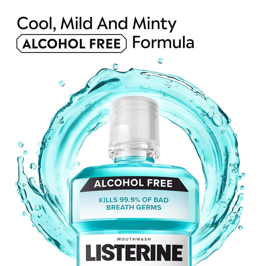 Listerine Alcohol-Free Mouthwash, Non Alcoholic Mint Oral Rinse Kills 99.9% Of Germs That Cause Bad Breath For A Fresh Breath & Clean Mouth, Less Intense Taste, Cool Mint Flavor, 1 L