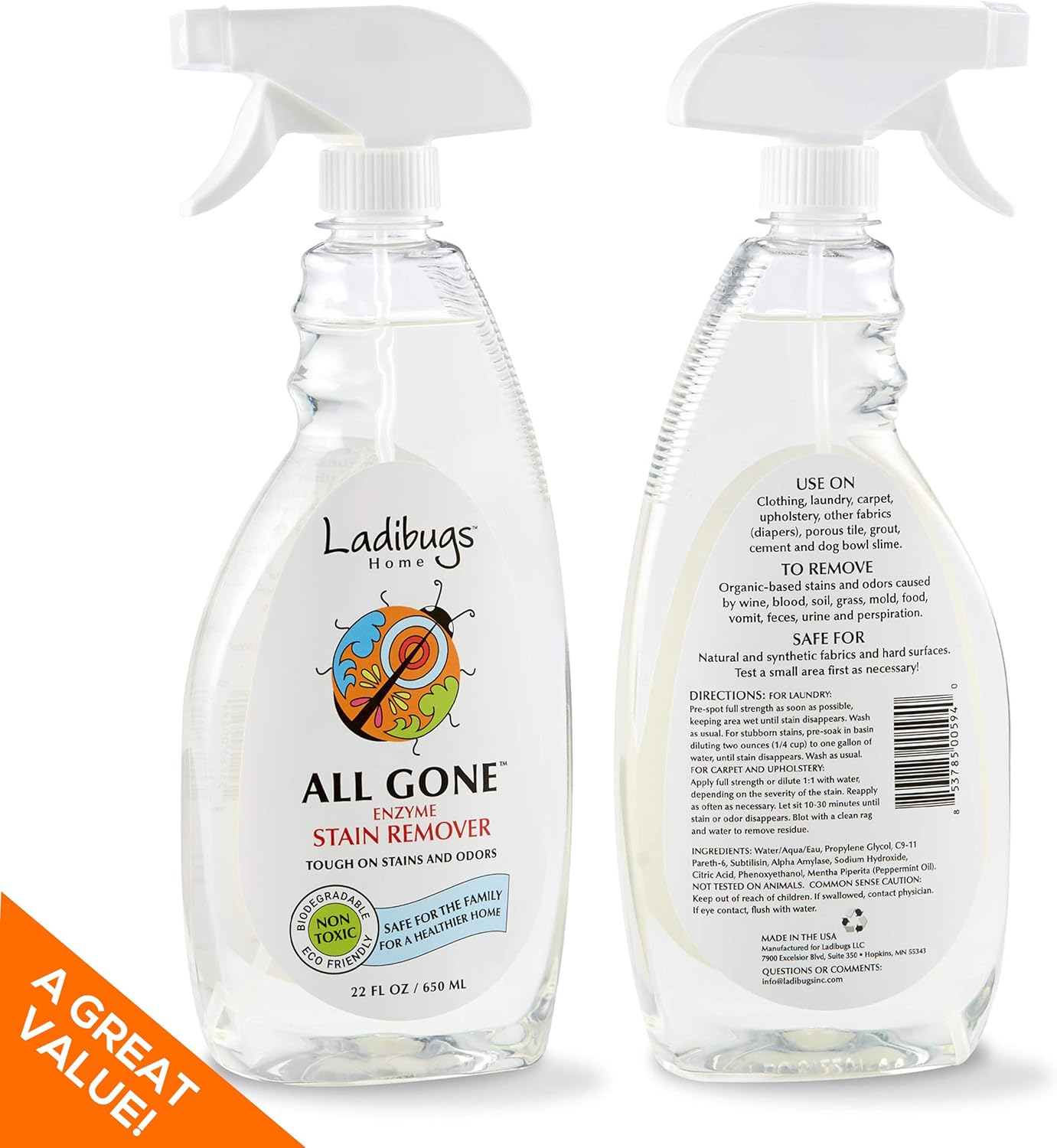 Ladibugs Natural Enzyme Stain & All Gone Spot Remover Spray, 22Oz | Eliminate Tough Stains & Odors | Non-Toxic & Biodegradable Formula