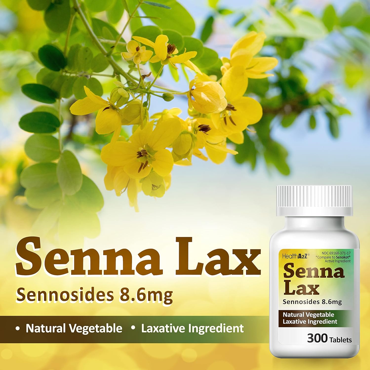 HealthA2Z® Senna Laxative | 300 Count | Sennosides 8.6mg | Natural Vegetable | Laxative Ingredients | Overnight Relief | Bowel Movement | Relief from Constipation