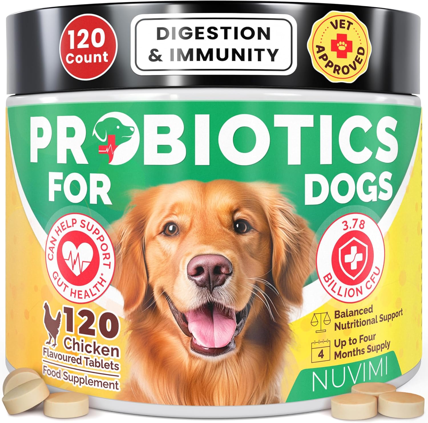 Probiotics For Dogs - Dog Probiotic & Prebiotic Tablets - Digestive Support Supplement For Gut Health, Tummy Relief, Itching, Diarrhoea, Allergies, Bad Breath - 120 Chicken Flavour - By Nuvimi
