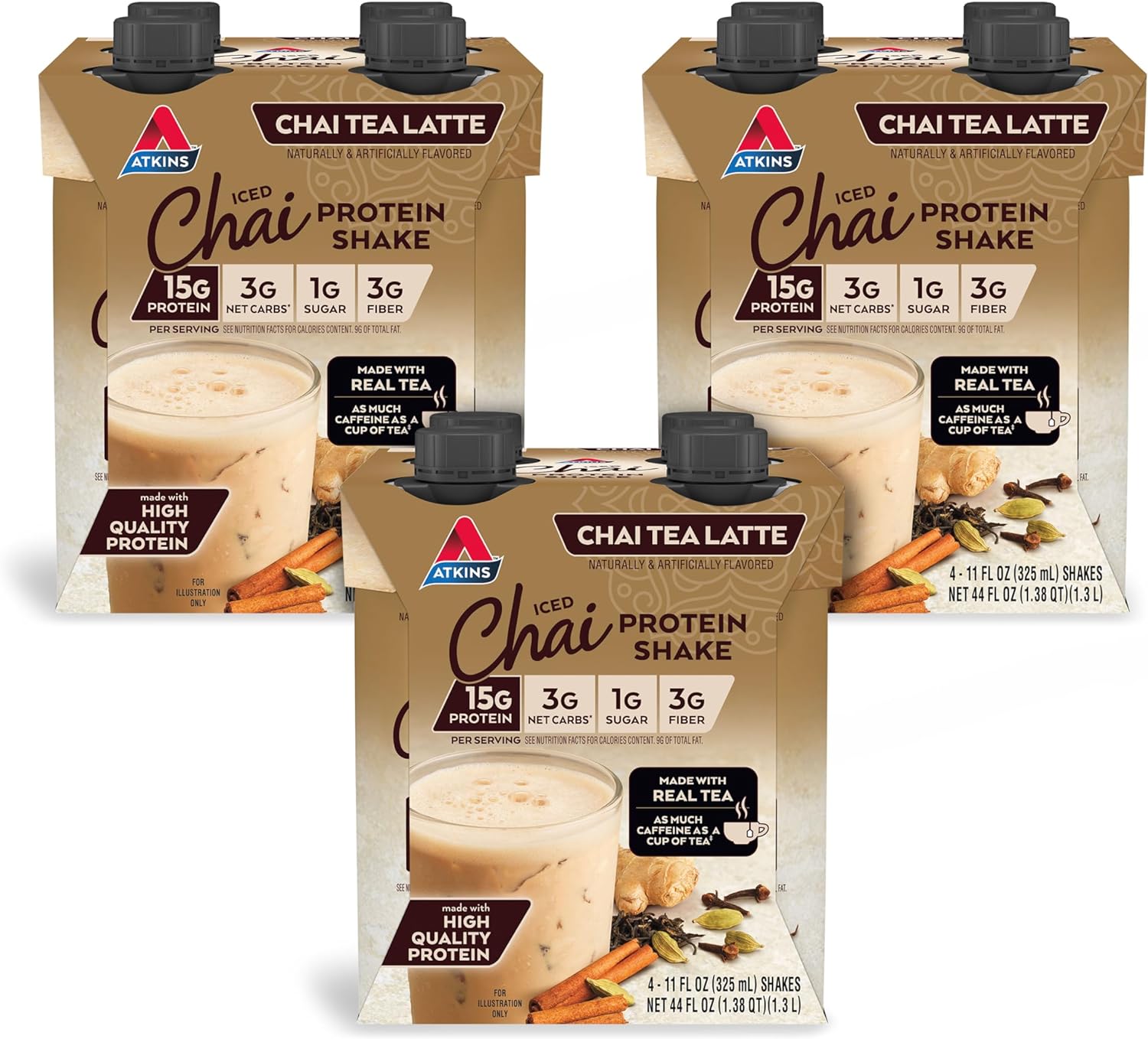 Chai Tea Latte Protein Shake, 15G Protein, Low Glycemic, 3G Net Carb, 1G Sugar, Keto Friendly , Set Of Three 4-Pack