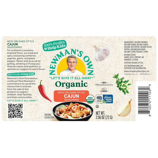 Newman'S Own Organic New Orleans-Style Cajun Seasoning; Perfect Spices For Hot Wings, Crawfish Boil And To Add A Kick To Your Dishes; Usda Certified Organic; Salt Free; Non-Gmo; Gluten-Free; 2.56 Oz Bottle