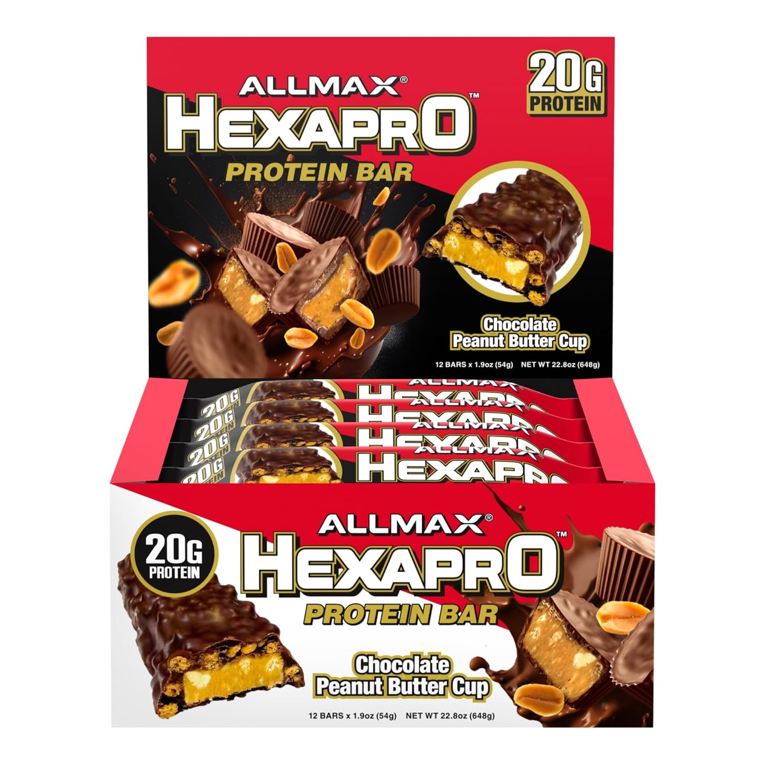 Allmax Hexapro Protein Bar, Chocolate Peanut Butter Cup - Pack Of 12 - High-Protein Energy Snack - 20 G Of Protein Per Bar - With Whey Protein Isolate