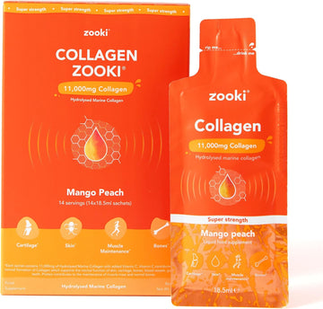 Zooki Super Strength Marine Collagen Liquid Sachets 11,000Mg – Great Taste, Sugar Free – Highest Strength Marine Collagen Supplements For Women & Men – Skin, Joints & Hair (Mango Peach, 14 Servings)