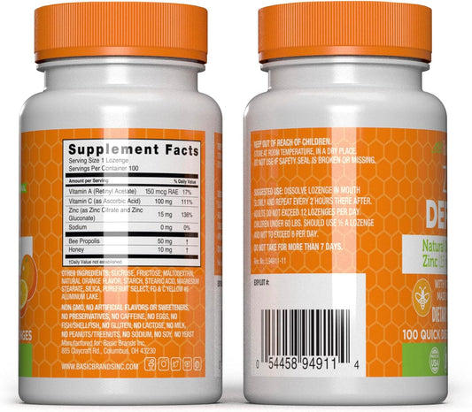 Basic Brands – Zinc Orange Defend - 100 Lozenges - Natural Orange Flavor Zinc–Lozenges - Immune Boost, Cold Relief, Non-GMO, Zinc Acetate & Vitamin C - 2-Pack