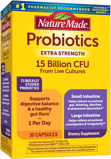 Nature Made Probiotics For Digestive Health Extra Strength 15 Billion Cfu From Live Cultures, Probiotics For Women And Men, 30 Probiotic Capsules, 30 Day Supply