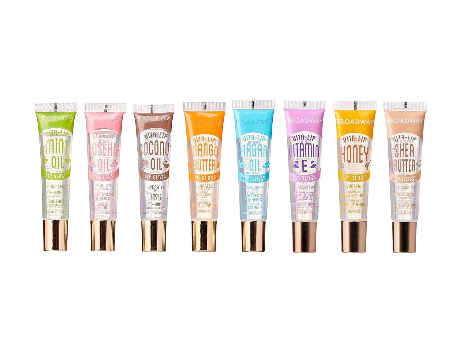 Ruby Kisses Broadway Vita-Lip Clear Lip Gloss (7 Pack) Ultra-Hydrating & Soothing Formula With Vitamins, High-Shine Non-Sticky Finish Lip Balm With Honey, Argan Oil, Shea, Mango Butter, Cherry, Peach