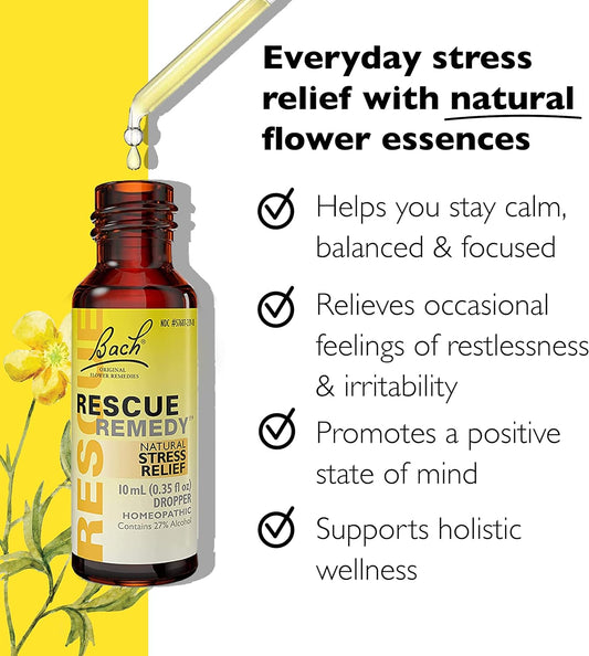 Bach RESCUE REMEDY Dropper 10mL, Natural Stress Relief, Homeopathic Flower Essence, Vegan, Gluten & Sugar-Free, Non-Habit Forming