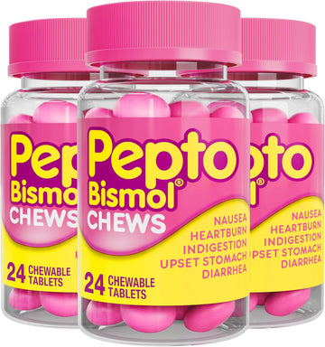 Pepto Bismol Chews, Fast And Effective Digestive Relief From Nausea, Heartburn, Indigestion, Upset Stomach, Diarrhea, 72 Total (3 Packs Of 24)