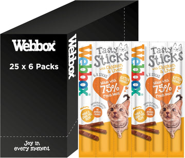 Webbox Tasty Sticks Cat Treats, Chicken and Liver - Kitten Friendly, Wheat and Grain Free, No Artificial Colours (25 x 6 Packs)?5012144410107