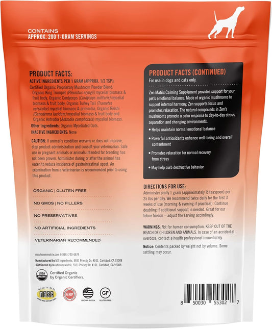 Om Mushroom Matrix Zen Matrix Mushroom Blend Pet Supplement, Provides Calming Soothing Support For Dogs & Cats, 200 Grams, 7.1 Oz