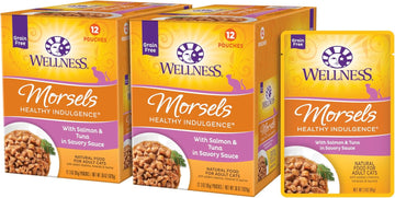 Wellness Healthy Indulgence Morsels Grain-Free Wet Cat Food, Made With Natural Ingredients And Quality Proteins, Complete And Balanced Meal, 3 Oz Pouches (Salmon & Tuna In Savory Sauce, 24 Pack)